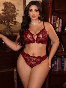 Divavoom 2pcs Lace Front Closure Wireless Plus Size Bra For Women - Burgundy - View 4
