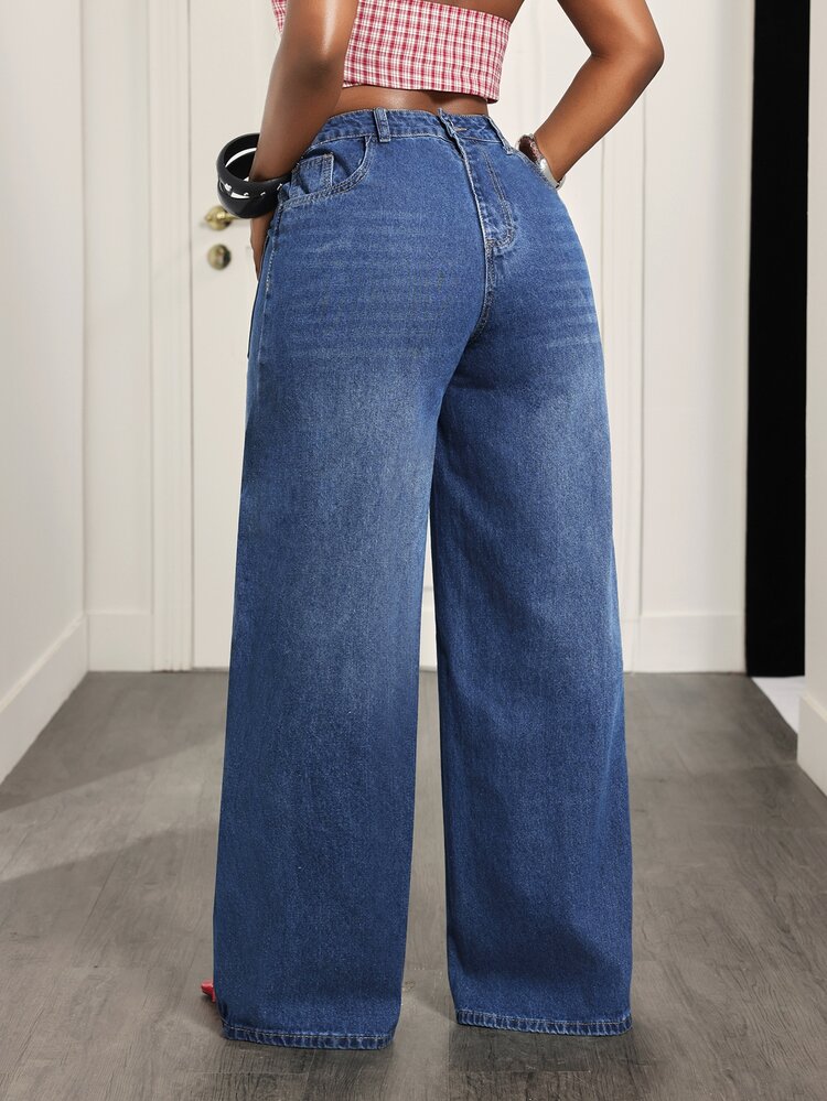 Slaydiva Women's Casual Versatile Daily Denim Straight Leg Pants With Pockets And Buttons - Dark Wash - View 2