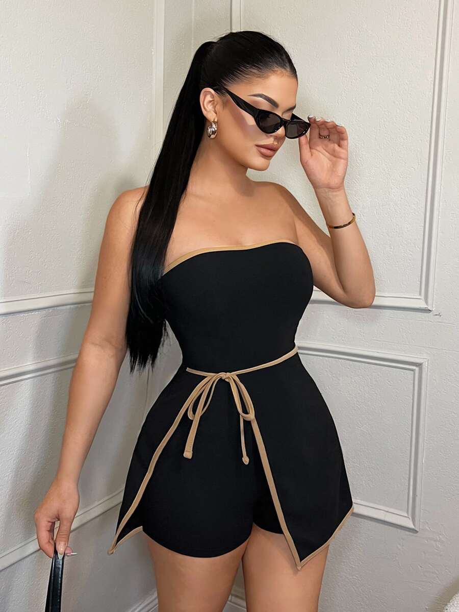 SHEIN SXY 女款黑色夏季性感時尚派對夜對比色飾邊抹胸連身褲,無肩帶抹胸上衣一體式連身褲,商務休閒老錢風 - 黑色 - 查看 1
