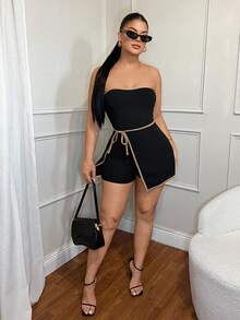 SHEIN SXY 女款黑色夏季性感時尚派對夜對比色飾邊抹胸連身褲，無肩帶抹胸上衣一體式連身褲，商務休閒老錢風 - 黑色 - 查看 5