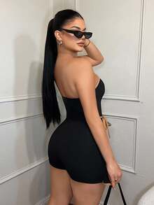 SHEIN SXY 女款黑色夏季性感時尚派對夜對比色飾邊抹胸連身褲，無肩帶抹胸上衣一體式連身褲，商務休閒老錢風 - 黑色 - 查看 2