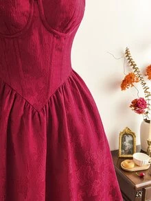 Vintamour Gaun Tanpa Lengan Jacquard Elegan dengan Garis Leher Bentuk Hati untuk Wanita - Burgundy - View 5