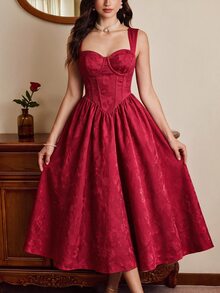 Vintamour Gaun Tanpa Lengan Jacquard Elegan dengan Garis Leher Bentuk Hati untuk Wanita - Burgundy - View 4