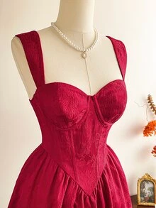 Vintamour Gaun Tanpa Lengan Jacquard Elegan dengan Garis Leher Bentuk Hati untuk Wanita - Burgundy - View 3