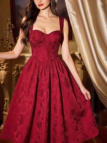 Vintamour Gaun Tanpa Lengan Jacquard Elegan dengan Garis Leher Bentuk Hati untuk Wanita - Burgundy - View 6