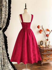 Vintamour Gaun Tanpa Lengan Jacquard Elegan dengan Garis Leher Bentuk Hati untuk Wanita - Burgundy - View 2