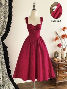 Vintamour Gaun Tanpa Lengan Jacquard Elegan dengan Garis Leher Bentuk Hati untuk Wanita - Burgundy - View 1