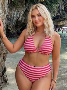 Swim Mod ملابس سباحة بيكيني نسائية مقاس كبير قطعتين بطبعة حمراء وحمالات رفيعة مثيرة للشاطئ والعطلات الصيفية - متعدد الألوان - مشاهدة 6