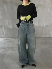 FRIFUL 女款初秋新款韓式圓領拼接撞色長袖T恤 - 黑色 - 查看 7
