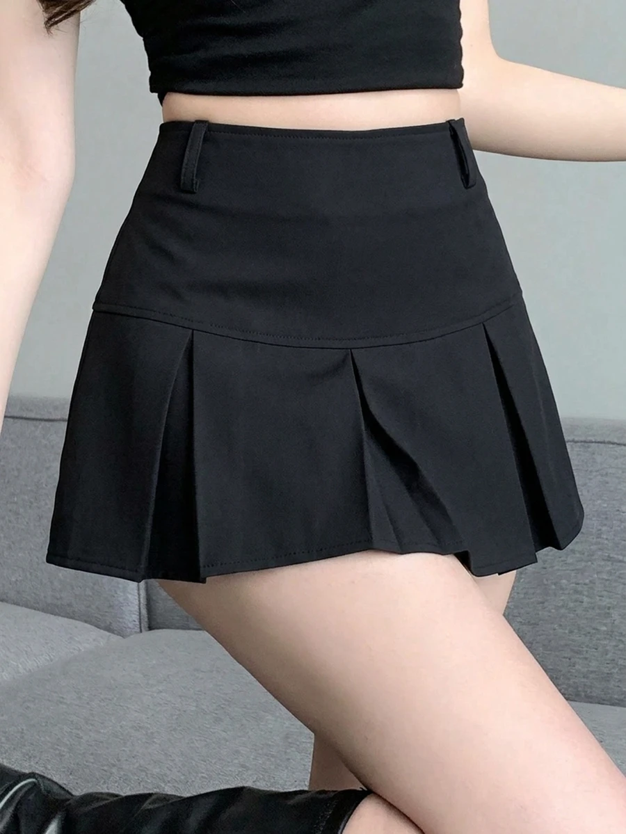 DAZY 春秋夏季開學季黑色百褶裙休閒甜美通勤日常女款裙子 - 黑色 - 查看 1