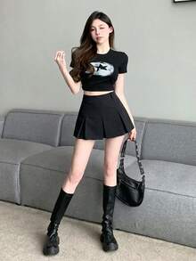 DAZY 春秋夏季開學季黑色百褶裙休閒甜美通勤日常女款裙子 - 黑色 - 查看 3