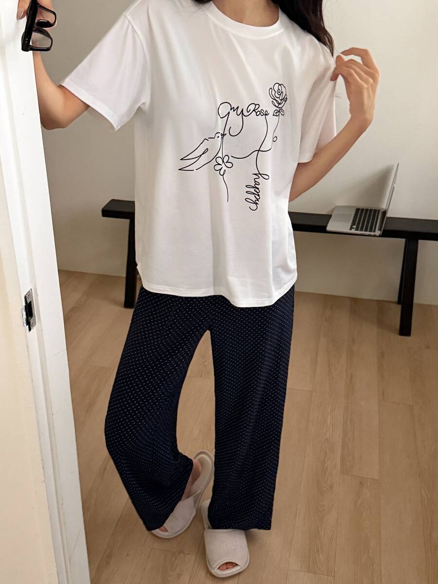 DAZY Women's Summer Loose T-Shirt Top With Line Pattern Print And Polka Dot All-Over Print Pajama Pants Sleepwear Set - White - View 1
