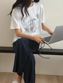 DAZY Women's Summer Loose T-Shirt Top With Line Pattern Print And Polka Dot All-Over Print Pajama Pants Sleepwear Set - White - View 6