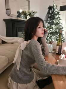 DAZY Women's Bow Tie Tie-Up Long Sleeve Colorblock Korean Style Sweater - Grey - View 2