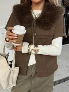 Livesso Women's Plush Patchwork Fashion Elegant Versatile Overcoat Daytime Going Out Coffee Brown Autumn Winter - Coffee Brown - View 4