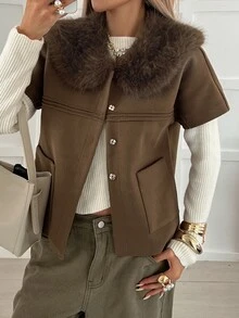 Livesso Women's Plush Patchwork Fashion Elegant Versatile Overcoat Daytime Going Out Coffee Brown Autumn Winter - Coffee Brown - View 3