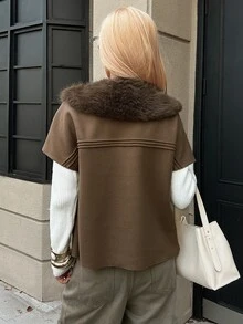 Livesso Women's Plush Patchwork Fashion Elegant Versatile Overcoat Daytime Going Out Coffee Brown Autumn Winter - Coffee Brown - View 2