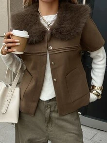 Livesso Women's Plush Patchwork Fashion Elegant Versatile Overcoat Daytime Going Out Coffee Brown Autumn Winter - Coffee Brown - View 5