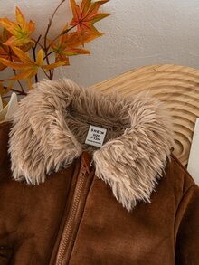 LMoss Kids Baby Boy Woven Contrast Color Turn-Down Collar Faux Fur Casual Jacket, Thermal Lined Brushed Thick Style Suitable For Winter - Coffee Brown - View 4
