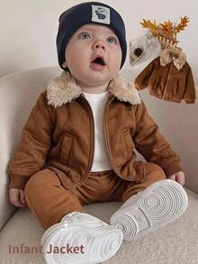 LMoss Kids Baby Boy Woven Contrast Color Turn-Down Collar Faux Fur Casual Jacket, Thermal Lined Brushed Thick Style Suitable For Winter - Coffee Brown - View 8