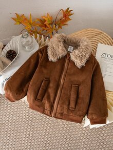 LMoss Kids Baby Boy Woven Contrast Color Turn-Down Collar Faux Fur Casual Jacket, Thermal Lined Brushed Thick Style Suitable For Winter - Coffee Brown - View 7