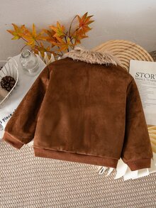 LMoss Kids Baby Boy Woven Contrast Color Turn-Down Collar Faux Fur Casual Jacket, Thermal Lined Brushed Thick Style Suitable For Winter - Coffee Brown - View 2