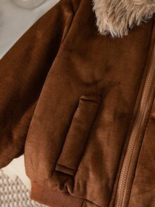 LMoss Kids Baby Boy Woven Contrast Color Turn-Down Collar Faux Fur Casual Jacket, Thermal Lined Brushed Thick Style Suitable For Winter - Coffee Brown - View 3