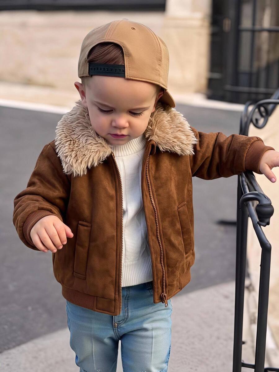 LMoss Kids Baby Boy Woven Contrast Color Turn-Down Collar Faux Fur Casual Jacket, Thermal Lined Brushed Thick Style Suitable For Winter - Coffee Brown - View 1