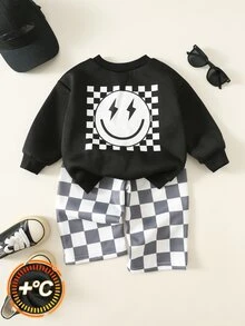 SHEIN 男女嬰兒/幼兒 2件組秋冬保暖內裡加厚休閒時尚格紋運動衫套裝，嬰兒冬季服飾，運動服，街頭風 - 黑色 - 查看 7
