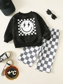 SHEIN 男女嬰兒/幼兒 2件組秋冬保暖內裡加厚休閒時尚格紋運動衫套裝，嬰兒冬季服飾，運動服，街頭風 - 黑色 - 查看 3