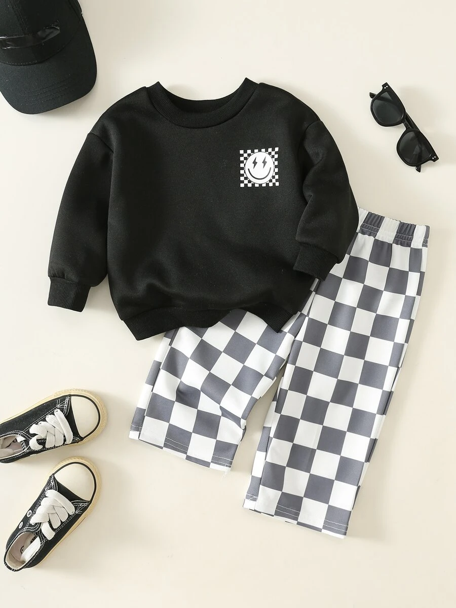 SHEIN 男女嬰兒/幼兒 2件組秋冬保暖內裡加厚休閒時尚格紋運動衫套裝，嬰兒冬季服飾，運動服，街頭風