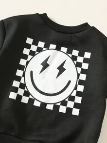 SHEIN 男女嬰兒/幼兒 2件組秋冬保暖內裡加厚休閒時尚格紋運動衫套裝，嬰兒冬季服飾，運動服，街頭風 - 黑色 - 查看 4