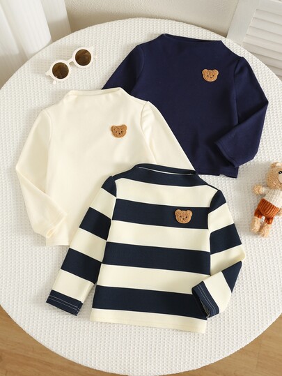 SHEIN 3 piezas Top de manga larga con cuello redondo de unicolor versátil y cómodo para bebé niño, adecuado para otoño/invierno, perfecto para capas