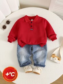 SHEIN 男嬰 2件組秋冬保暖內裡加厚休閒可愛學院風紅色POLO上衣與牛仔褲套裝，衛衣套裝，嬰兒冬季服裝套裝，聖誕 - 酒紅色 - 查看 1