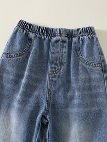 SHEIN 男嬰 2件組秋冬保暖內裡加厚休閒可愛學院風紅色POLO上衣與牛仔褲套裝，衛衣套裝，嬰兒冬季服裝套裝，聖誕 - 酒紅色 - 查看 4
