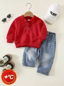 SHEIN 男嬰 2件組秋冬保暖內裡加厚休閒可愛學院風紅色POLO上衣與牛仔褲套裝，衛衣套裝，嬰兒冬季服裝套裝，聖誕 - 酒紅色 - 查看 6