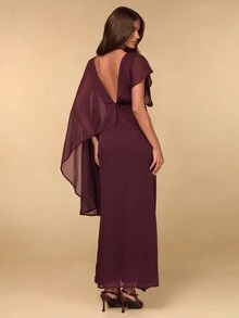 SHEIN BAE Fall Winter Wine Red Asymmetric Draped Sleeve Deep V Backless Slim Dress Elegant Evening Gown - Brown - View 1