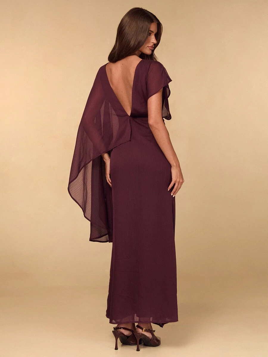 SHEIN BAE Fall Winter Wine Red Asymmetric Draped Sleeve Deep V Backless Slim Dress Elegant Evening Gown - Brown - View 1