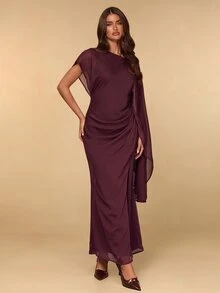 SHEIN BAE Fall Winter Wine Red Asymmetric Draped Sleeve Deep V Backless Slim Dress Elegant Evening Gown - Brown - View 6