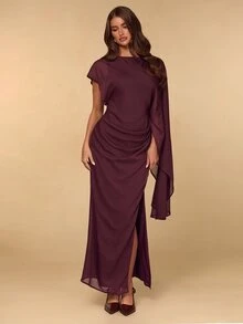 SHEIN BAE Fall Winter Wine Red Asymmetric Draped Sleeve Deep V Backless Slim Dress Elegant Evening Gown - Brown - View 4