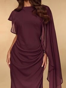 SHEIN BAE Fall Winter Wine Red Asymmetric Draped Sleeve Deep V Backless Slim Dress Elegant Evening Gown - Brown - View 8