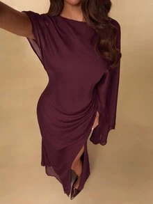 SHEIN BAE Fall Winter Wine Red Asymmetric Draped Sleeve Deep V Backless Slim Dress Elegant Evening Gown - Brown - View 7