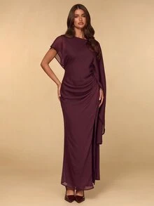 SHEIN BAE Fall Winter Wine Red Asymmetric Draped Sleeve Deep V Backless Slim Dress Elegant Evening Gown - Brown - View 5