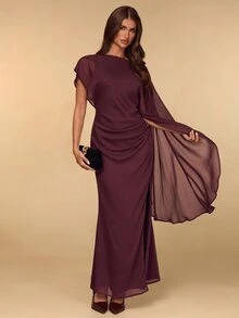 SHEIN BAE Fall Winter Wine Red Asymmetric Draped Sleeve Deep V Backless Slim Dress Elegant Evening Gown - Brown - View 3