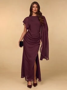 SHEIN BAE Fall Winter Wine Red Asymmetric Draped Sleeve Deep V Backless Slim Dress Elegant Evening Gown - Brown - View 2