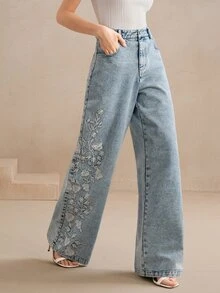 Anewsta Elegant Embroidered Floral Design Ladies Long Pants, Vacation Style, Suitable For Valentine's Day, Chinese New Year - Blue - View 5