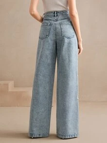 Anewsta Elegant Embroidered Floral Design Ladies Long Pants, Vacation Style, Suitable For Valentine's Day, Chinese New Year - Blue - View 2