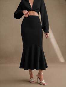 Anewsta Women's New Autumn/Winter Elegant Slimming Bodycon Hem Ruffle Fishtail Patchwork Skirt For Commute, Holiday, Party And Daily Wear - Black - View 2