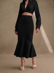 Anewsta Women's New Autumn/Winter Elegant Slimming Bodycon Hem Ruffle Fishtail Patchwork Skirt For Commute, Holiday, Party And Daily Wear - Black - View 4