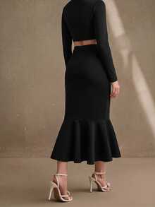 Anewsta Women's New Autumn/Winter Elegant Slimming Bodycon Hem Ruffle Fishtail Patchwork Skirt For Commute, Holiday, Party And Daily Wear - Black - View 5